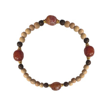 Load image into Gallery viewer, Urban Boho - Cinabrise Stretch Bracelet is designed with organic shape Red Agate and natural Wood beads in Brown and Ivory, accented with 24K Gold plated beads | Manukyan Design Studio