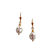 Load image into Gallery viewer, Natural, high quality Freshwater Pearl drop earrings in Cream White color is inlaid with Bohemian Crystals in Lilac color, suspended from 24K Gold plated Lever Back Wire accented with shell design | Manukyan Design Studio