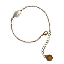 Load image into Gallery viewer, Natural, high quality Freshwater Pearl in Cream White color is inlaid with Bohemian Crystals in Rose, finished with 24K Gold plated sparkly link chain. The bracelet measures 7" long , plus additional 1.5" adjustable chain to accommodate all sizes of wrists |Manukyan design studio