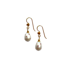 Load image into Gallery viewer, Natural, high quality Freshwater Pearl drop earrings in Cream White color is inlaid with Bohemian Crystals in Fuchsia color, suspended from 24K Gold plated French Wire accented with 2mm Clear Bohemian Crystals | Manukyan Design Studio