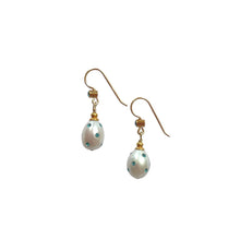 Load image into Gallery viewer, Natural, high quality Freshwater Pearl drop earrings in Cream White color is inlaid with Bohemian Crystals in Turquoise color, suspended from 24K Gold plated French Wire accented with 2mm Clear Bohemian Crystals | Manukyan Design Studio