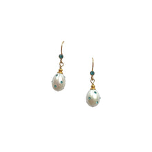 Load image into Gallery viewer, Natural, high quality Freshwater Pearl drop earrings in Cream White color is inlaid with Bohemian Crystals in Turquoise color, suspended from 24K Gold plated French Wire accented with 2mm Clear Bohemian Crystals | Manukyan Design Studio