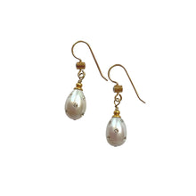 Load image into Gallery viewer, Natural, high quality Freshwater Pearl drop earrings in Cream White color is inlaid with Bohemian Clear Crystals, suspended from 24K Gold plated French Wire accented with Clear Bohemian Crystal in 2mm | Manukyan Design Studio