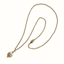 Load image into Gallery viewer, Natural, high quality Freshwater Coin Pearl pendant in Cream White color is inlaid with Bohemian Crystals in Lilac color, suspended from 24K Gold plated sparkly link chain, measuring 18" long | Manukyan Design Studio