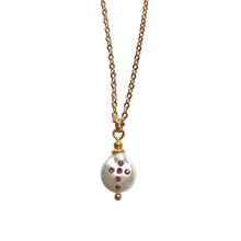 Load image into Gallery viewer, Natural, high quality Freshwater Coin Pearl pendant in Cream White color is inlaid with Bohemian Crystals in Lilac color, suspended from 24K Gold plated sparkly link chain, measuring 18" long | Manukyan Design Studio