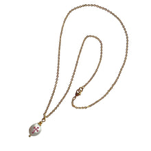 Load image into Gallery viewer, Natural, high quality Freshwater Coin Pearl pendant in Cream White color is inlaid with Bohemian Crystals in Pink color, suspended from 24K Gold plated sparkly link chain, measuring 18" long | Manukyan Design Studio