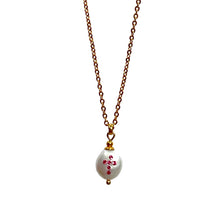 Load image into Gallery viewer, Natural, high quality Freshwater Coin Pearl pendant in Cream White color is inlaid with Bohemian Crystals in Pink color, suspended from 24K Gold plated sparkly link chain, measuring 18" long | Manukyan Design Studio