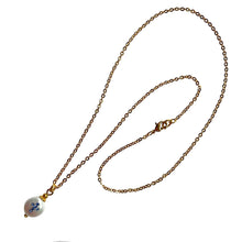 Load image into Gallery viewer, Natural, high quality Freshwater Coin Pearl pendant in Cream White color is inlaid with Bohemian Crystals in Sapphire color, suspended from 24K Gold plated sparkly link chain, measuring 18" long | Manukyan Design Studio