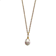 Load image into Gallery viewer, Natural, high quality Freshwater Pearl pendant in Cream White color is inlaid with Bohemian Crystals in Fuchsia color, suspended from 24K Gold plated sparkly link chain, measuring 18" long | Manukyan Design Studio