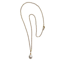 Load image into Gallery viewer, Natural, high quality Freshwater Pearl pendant in Cream White color is inlaid with Bohemian Crystals in Fuchsia color, suspended from 24K Gold plated sparkly link chain, measuring 18" long | Manukyan Design Studio