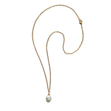 Load image into Gallery viewer, Natural, high quality Freshwater Pearl pendant in Cream White color is inlaid with Bohemian Crystals in Turquoise color, suspended from 24K Gold plated sparkly link chain, measuring 18" long | Manukyan Design Studio