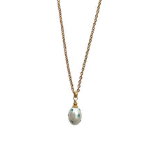 Load image into Gallery viewer, Natural, high quality Freshwater Pearl pendant in Cream White color is inlaid with Bohemian Crystals in Turquoise color, suspended from 24K Gold plated sparkly link chain, measuring 18" long | Manukyan Design Studio