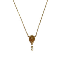 Load image into Gallery viewer, Providence - Virgin Mary Pearl Drop Short Necklace is designed as an oval shape medallion depicting Virgin Mary. Freshwater pearl drop is suspended from the medallion,  which symbolizes purity in Christian views. The necklace is 17.5" long with 3" adjustable chain. It is 24K Gold plated and comes fully packaged in a satin pouch, and a gift box | Manukyan Design Studio