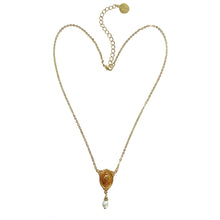 Load image into Gallery viewer, Providence - Virgin Mary Pearl Drop Short Necklace is designed as an oval shape medallion depicting Virgin Mary. Freshwater pearl drop is suspended from the medallion,  which symbolizes purity in Christian views. The necklace is 17.5" long with 3" adjustable chain. It is 24K Gold plated and comes fully packaged in a satin pouch, and a gift box | Manukyan Design Studio