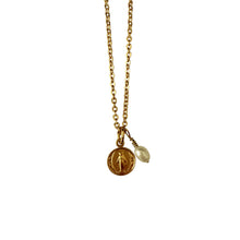Load image into Gallery viewer, Providence - Ave Maria Short Necklace accented with Freshwater pearl. The medallion is hand-carved, depicting Holy Mary's graceful appearance. It is suspended from 16" long delicate sparkly chain and has 3 more extra inches of larger chain for adjustability. It is 24k Gold plated and comes fully packaged in a satin pouch and a gift box | Manukyan Design Studio
