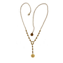 Load image into Gallery viewer, Providence - Holy Spirit Necklace is styled as beaded Y shape. The medallion with sculpted dove which represents the Holy Spirit is suspended from the tail of the necklace, and it measures 0.5" in diameter. The center piece of the necklace is an open heart. It is 24K Gold plated and measures 17.5" long with 3" adjustable chain. The necklace comes fully packaged with satin pouch and a gift box | Manukyan Design Studio