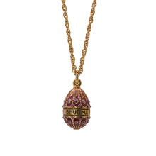 Load image into Gallery viewer, Imperial Treasures - Adoration Egg Long Necklace. Inscription: &quot;JESUS, SON OF GOD&quot; in Armenian. Gold Plate and Crimson Red Translucent Enamel.
