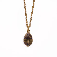 Load image into Gallery viewer, Imperial Treasures - Ressurection Egg Long Necklace  in Gold and Lilac Translucent Enamel.Engraved inscription reads "Christ is risen from the dead, blesses is the resurrection of Christ" in Armenian language.