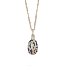 Load image into Gallery viewer, Imperial Treasures - Celebration Small Egg Necklace in Mat Silver Plate and Navy Blue Enamel Ornamentation.