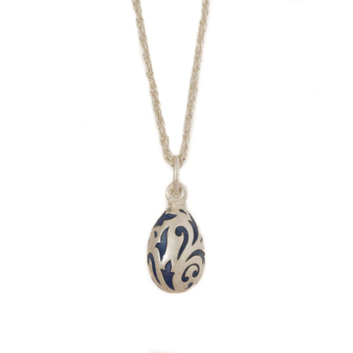 Imperial Treasures - Celebration Small Egg Necklace in Mat Silver Plate and Navy Blue Enamel Ornamentation.