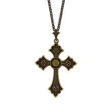 Load image into Gallery viewer, Agape - St. Thaddeus cross Necklace. Burnt brass with Swarovski crystal in Olivine color.