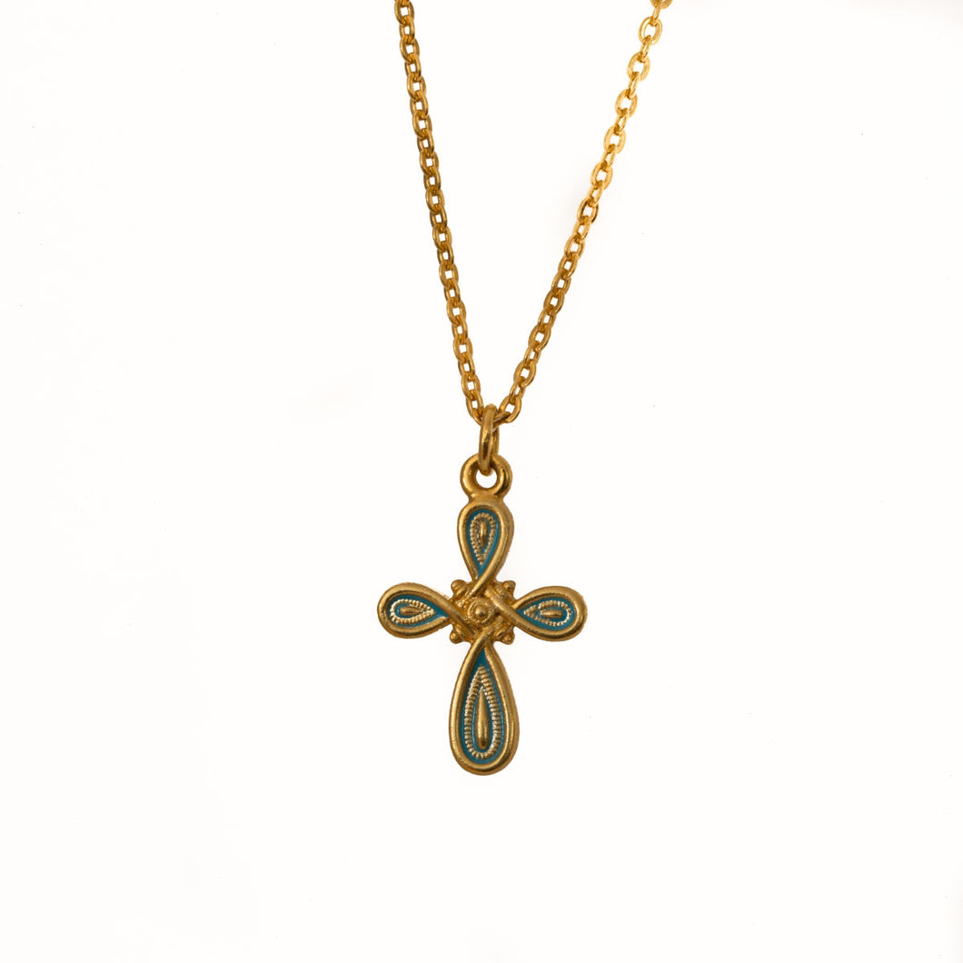 Agape - St.Mane Small cross Necklace in Gold Plate and Aqua marine Enamel Wash.