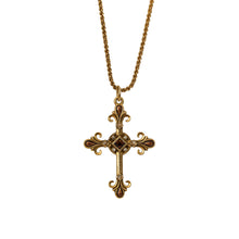 Load image into Gallery viewer, Agape - St. Shoushan Cross Necklace in 24K gold plate and Bohemian Chrystals in Smoked Topaz and Golden Shadow Colors.