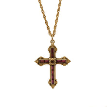 Load image into Gallery viewer, Agape - Ashkhen Cross Necklace in 24 K Gold Plate and Bohemian Large Crystal Baguettes in Amethyst Color.