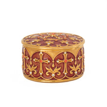 Load image into Gallery viewer, Agape - Holy Cross Keepsake Box with inscription:"And all things you ask in prayer, believing, you shall receive." Matthew 21:22. Gold plate, enameled in translucent coral red color and accented with Bohemian crystals in colors.