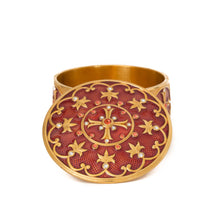 Load image into Gallery viewer, Agape - Holy Cross Keepsake Box with inscription:"And all things you ask in prayer, believing, you shall receive." Matthew 21:22. Gold plate, enameled in translucent coral red color and accented with Bohemian crystals in colors.