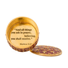 Load image into Gallery viewer, Agape - Holy Cross Keepsake Box with inscription:"And all things you ask in prayer, believing, you shall receive." Matthew 21:22. Gold plate, enameled in translucent coral red color and accented with Bohemian crystals in colors.