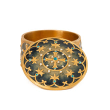 Load image into Gallery viewer, Agape - Holy Cross Keepsake Box with inscription:"And all things you ask in prayer, believing, you shall receive." Matthew 21:22. Gold plate, enameled in translucent teal color and accented with Bohemian crystals in colors.