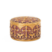 Load image into Gallery viewer, Agape - Holy Cross Keepsake Box with inscription:"And all things you ask in prayer, believing, you shall receive." Matthew 21:22 in Armenian. Gold plate, enameled in translucent blush rose color and accented with Bohemian crystals in colors.