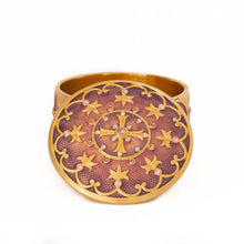 Load image into Gallery viewer, Agape - Holy Cross Keepsake Box with inscription:"And all things you ask in prayer, believing, you shall receive." Matthew 21:22 in Armenian. Gold plate, enameled in translucent blush rose color and accented with Bohemian crystals in colors.