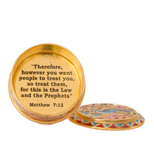 Load image into Gallery viewer, Agape - Bird of Paradise Keepsake Box is a collectible item and it's designed to house a memento and to inspire. Side wall of the box is decorated with stylized floral design and the lid has a bird surrounded by botanical ornamentations. The box is hand painted with enamel using multiple colors. Inscription inside the box reads "Therefore, however you want people to treat you, so treat them, for this is the Law and the Prophets" Matthew 7:12.