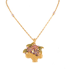 Load image into Gallery viewer, Primavera - Long Necklace  in Gold Plate and Enamel in Translucent Mauve, Aubergine and Pistachio Green Accented with Bohemian Crystal Stones and Beads in Light Rose.
