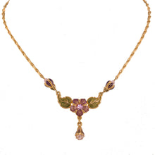 Load image into Gallery viewer, Primavera - Small Collar Drop Necklace  in Gold Plate and Translucent Enamel in Mauve, Aubergine and Pistachio Green accented with Bohemian Crystal Stones and Beads in Light Rose.