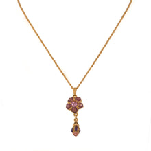 Load image into Gallery viewer, Primavera - Drop Necklace  in Gold Plate and Hand Enameled in  Mauve and Aubergine , Accented with Bohemian Crystal and Bead in Light Rose.
