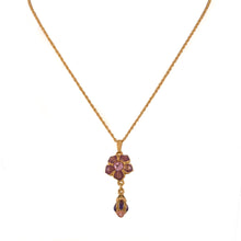 Load image into Gallery viewer, Primavera - Drop Necklace  in Gold Plate and Hand Enameled in  Mauve and Aubergine , Accented with Bohemian Crystal and Bead in Light Rose.
