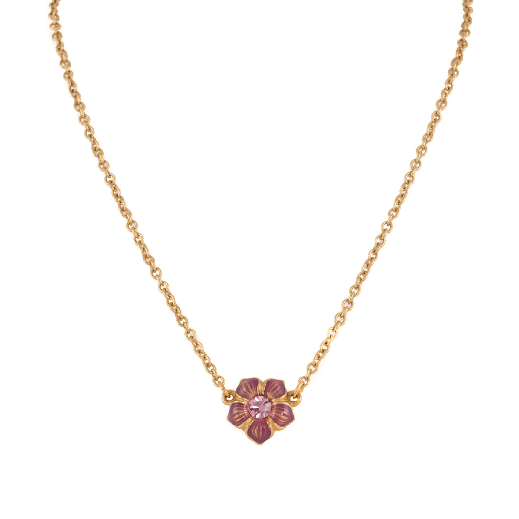 Primavera - Short Necklace in Gold Plate and Translucent Enamel in Mauve, Accented with Crystal in Light Rose.