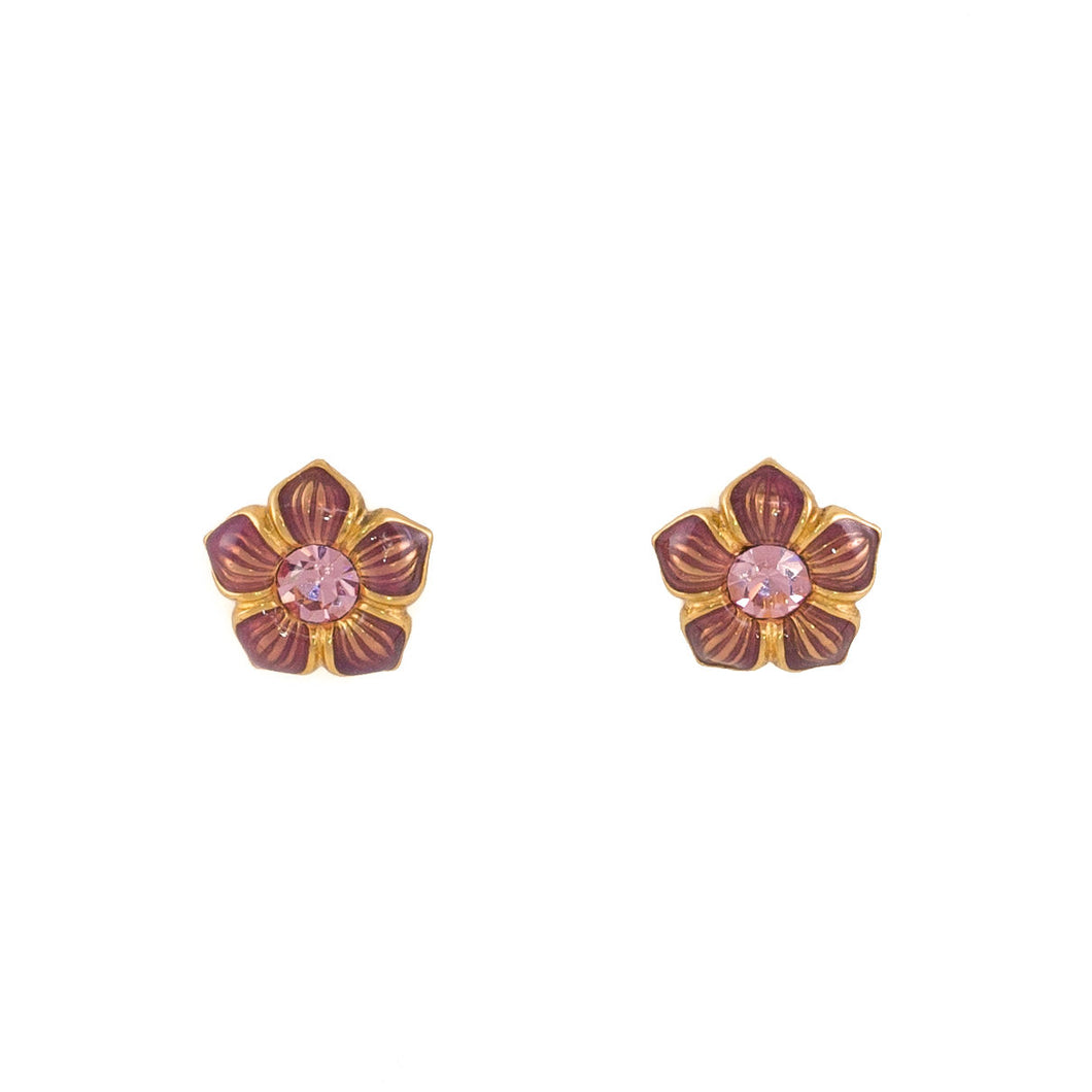 Primavera - Stud Earrings in Gold Plate and Mauve Translucent Enamel, Accented with Bohemian Crystals in Light Rose.