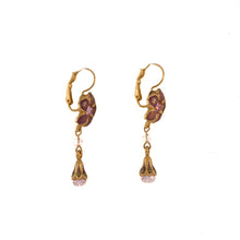 Load image into Gallery viewer, Primavera - Drop Lever Back Earrings in Gold and Enamel in Mauve and Aubergine, Accented with Bohemian Crystal Stone s and Beads in Light Rose.
