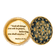 Load image into Gallery viewer, Agape - Holy Cross Keepsake Box with inscription:"And all things you ask in prayer, believing, you shall receive." Matthew 21:22. Gold plate, enameled in translucent teal color and accented with Bohemian crystals in colors.
