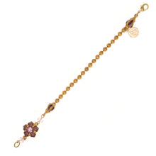 Load image into Gallery viewer, Primavera - Floral Beaded Bracelet in Gold Plate and Enamel in Mauve and Aubergine Colors Accented with Bohemian Crystal Stone and Beads in Light Rose. Length 7.25&quot;

