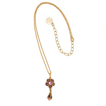 Load image into Gallery viewer,  Primavera - Drop Necklace in Gold Plate and Hand Enameled in Mauve and Aubergine , Accented with Bohemian Crystal and Bead in Light Rose. Length 16" Plus 3" Adjustable Chain.