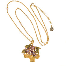 Load image into Gallery viewer, Primavera - Long Necklace in Gold Plate and Enamel in Translucent Mauve, Aubergine and Pistachio Green Accented with Bohemian Crystal Stones and Beads in Light Rose. Adjustable Length 30" to 33".