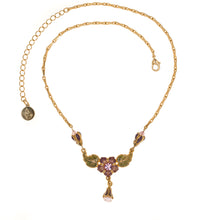 Load image into Gallery viewer, Primavera - Small Collar Drop Necklace in Gold Plate and Translucent Enamel in Mauve, Aubergine and Pistachio Green accented with Bohemian Crystal Stones and Beads in Light Rose. Adjustable Length 15.5" to 18.5".