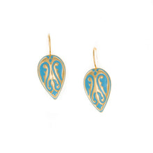 Load image into Gallery viewer, Cilicia - Lever Back Drop Earrings are delicate style with dome medallion, hand painted in turquoise enamel.  
