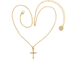 Load image into Gallery viewer, Agape - St. Gayane Small Short Gold Plate Necklace with Bohemian Crystal in Opaque Turquoise. Adjustable Length 18" to 21".