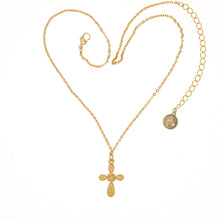 Load image into Gallery viewer, Agape - St.Mane Small cross Necklace in Gold Plate and Aqua marine Enamel Wash. Adjustable Length 18&quot; to 21&quot;.
